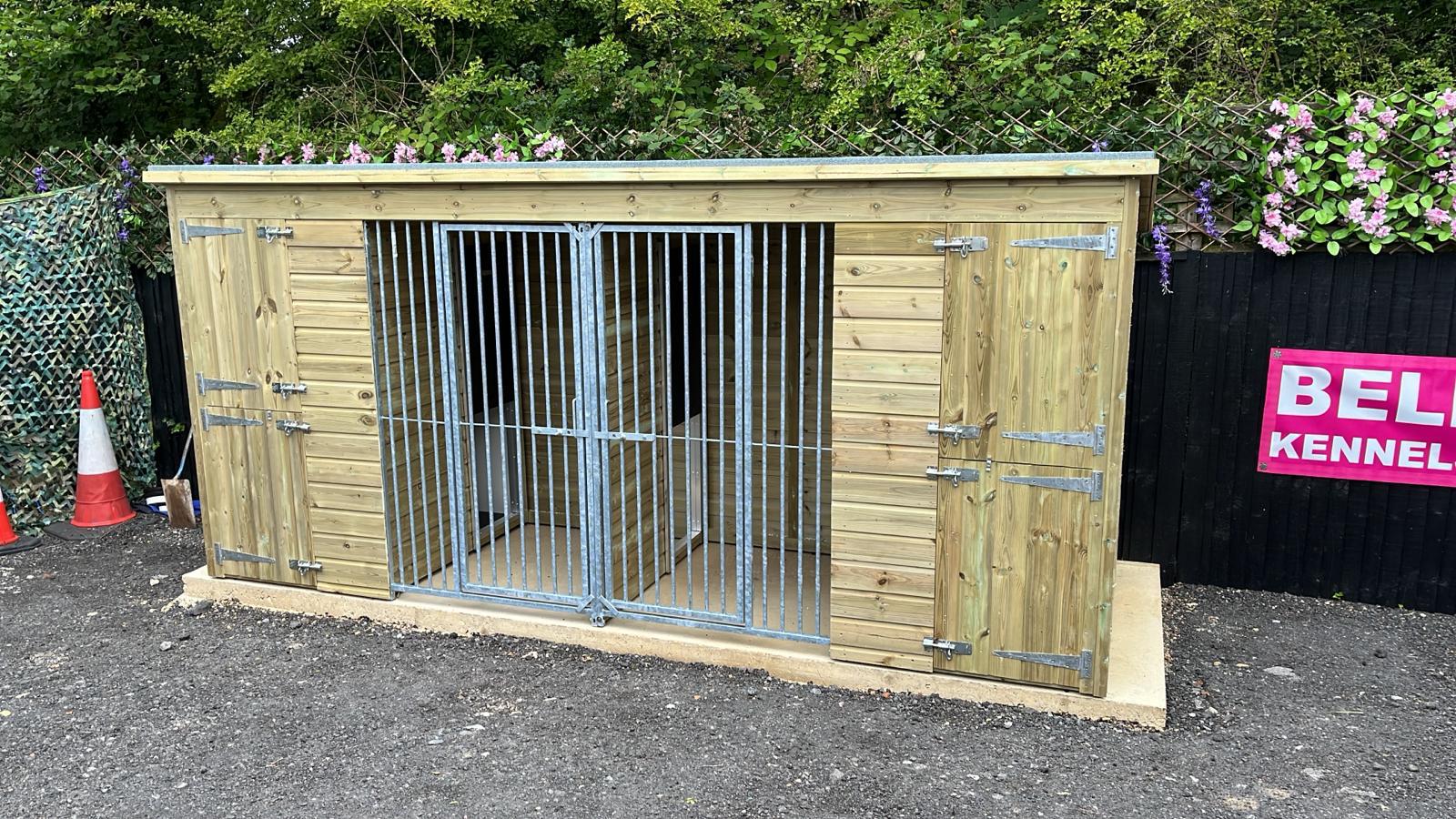 double wooden dog kennel and run